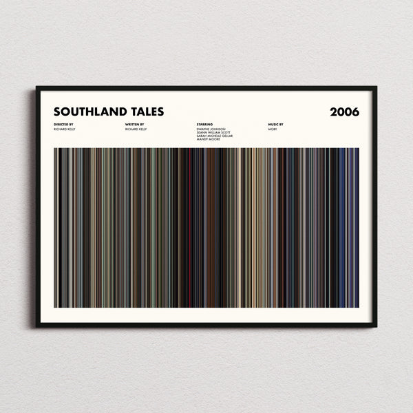 Southland Tales Movie Barcode Poster framed and photographed straight on