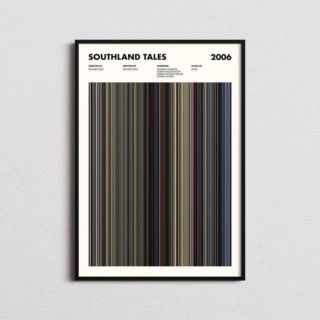 Southland Tales Movie Barcode Poster framed on a plain studio wall