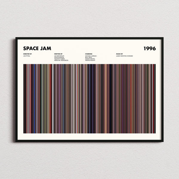 Space Jam Movie Barcode Poster framed and photographed straight on