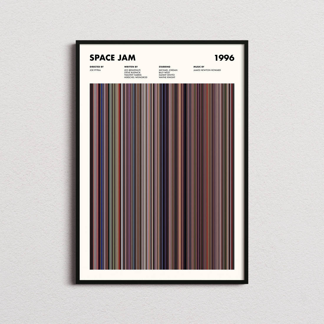 Space Jam Movie Barcode Poster framed on a plain studio wall