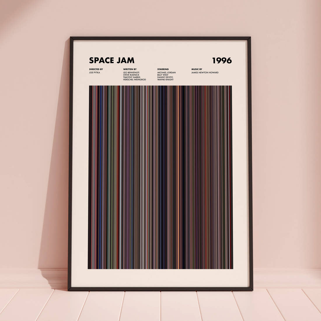 Space Jam Movie Barcode Poster framed and leaning against a coloured wall