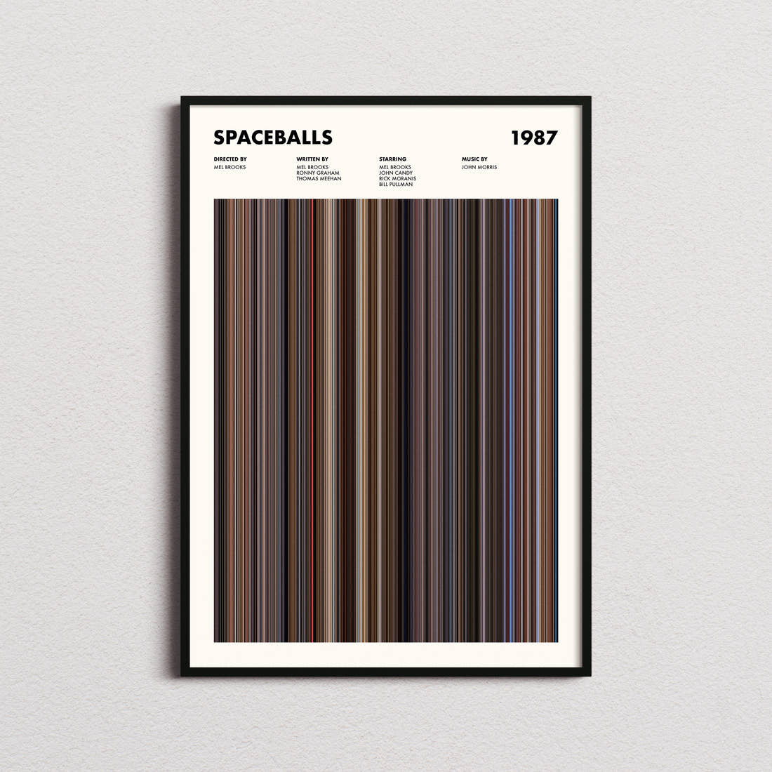 Spaceballs Movie Barcode Poster framed on a plain studio wall