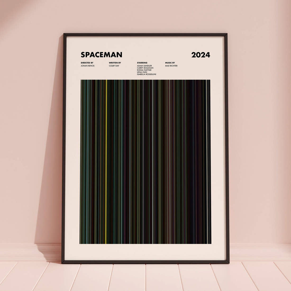 Spaceman Movie Barcode Poster framed and leaning against a coloured wall