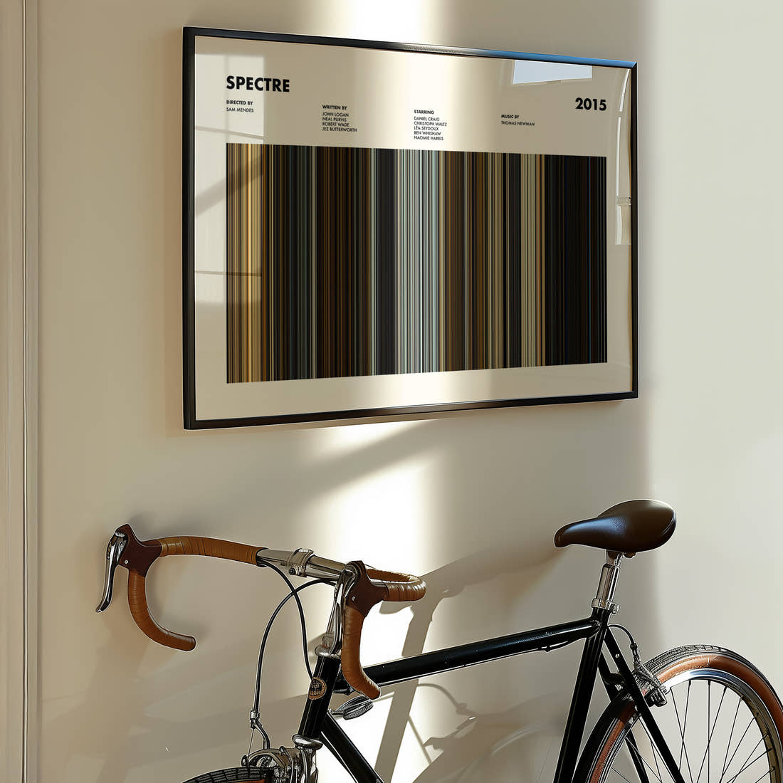 Spectre Movie Barcode Poster framed on the wall of a styled room setting