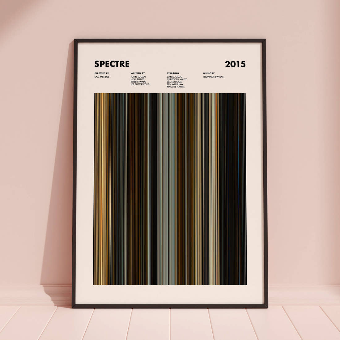 Spectre Movie Barcode Poster framed and leaning against a coloured wall