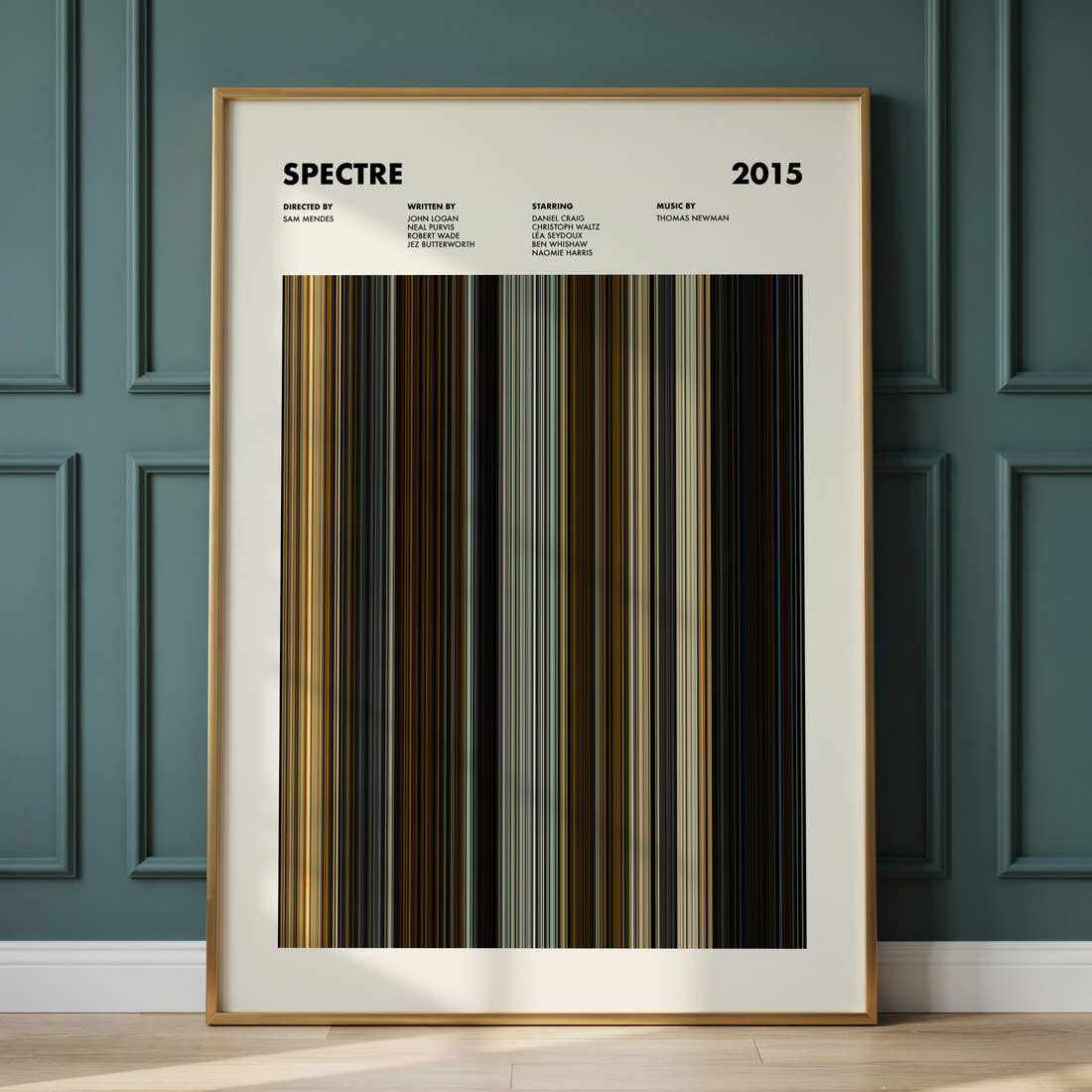 Spectre Movie Barcode Poster framed and leaning against a panelled wall