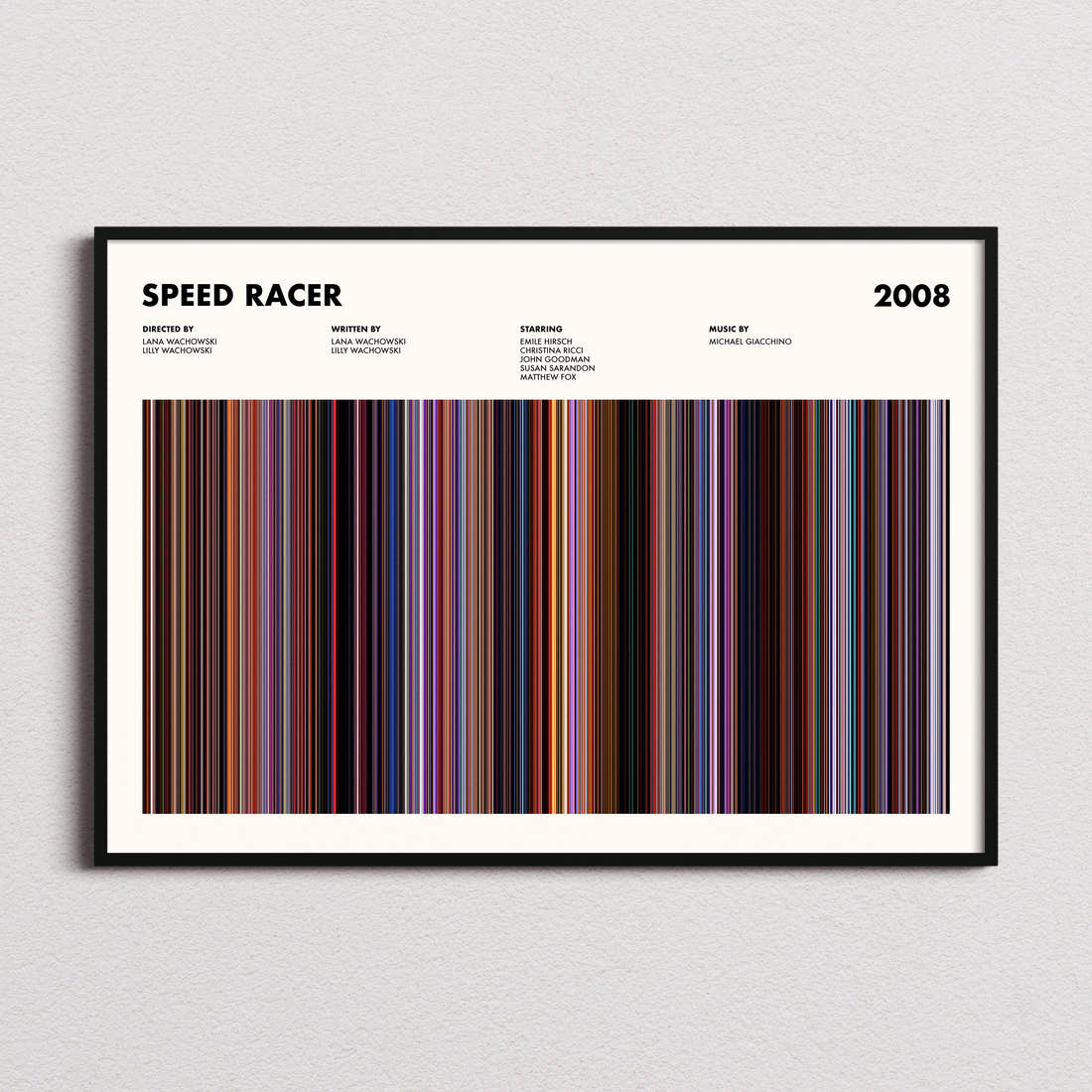 Speed Racer Movie Barcode Poster framed and photographed straight on