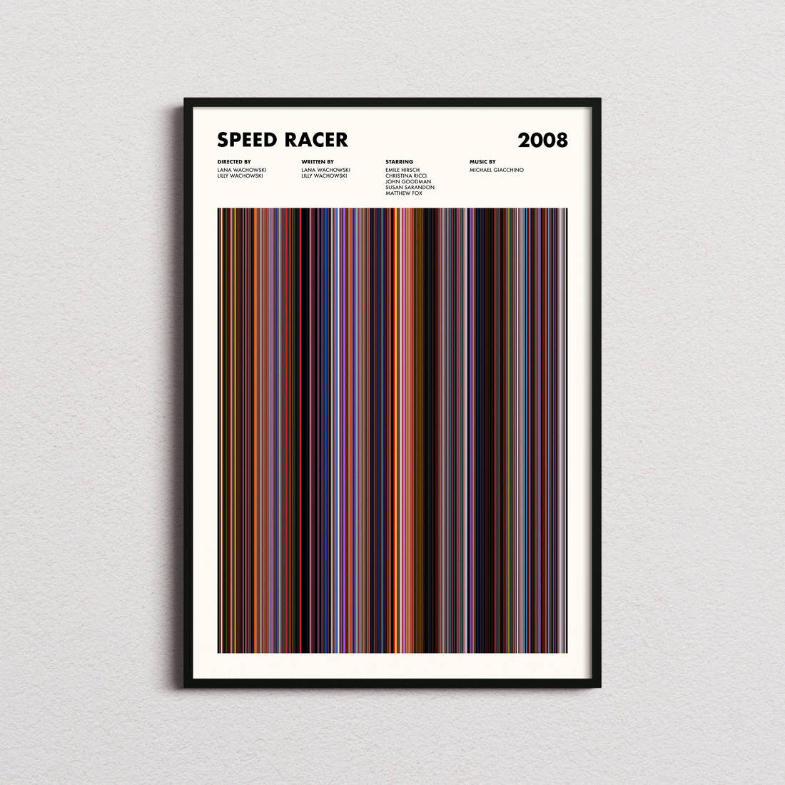 Speed Racer Movie Barcode Poster framed on a plain studio wall