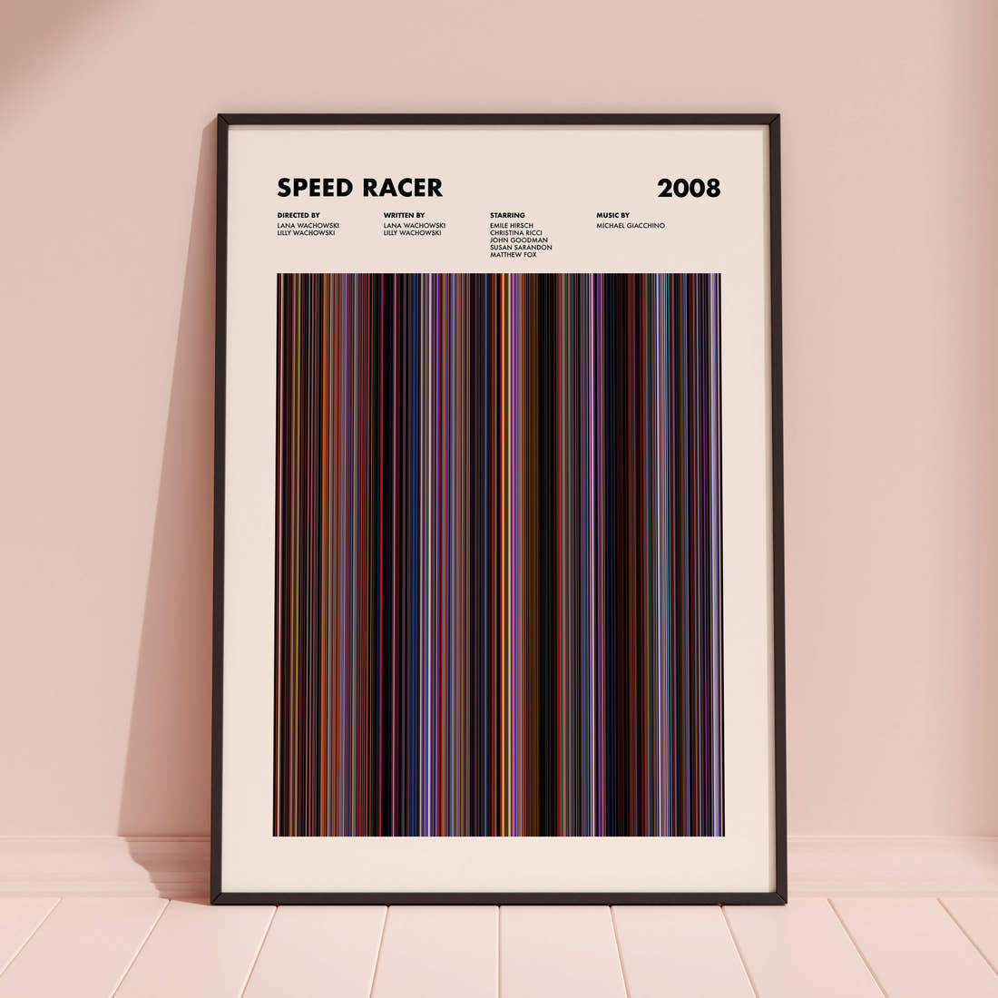 Speed Racer Movie Barcode Poster framed and leaning against a coloured wall