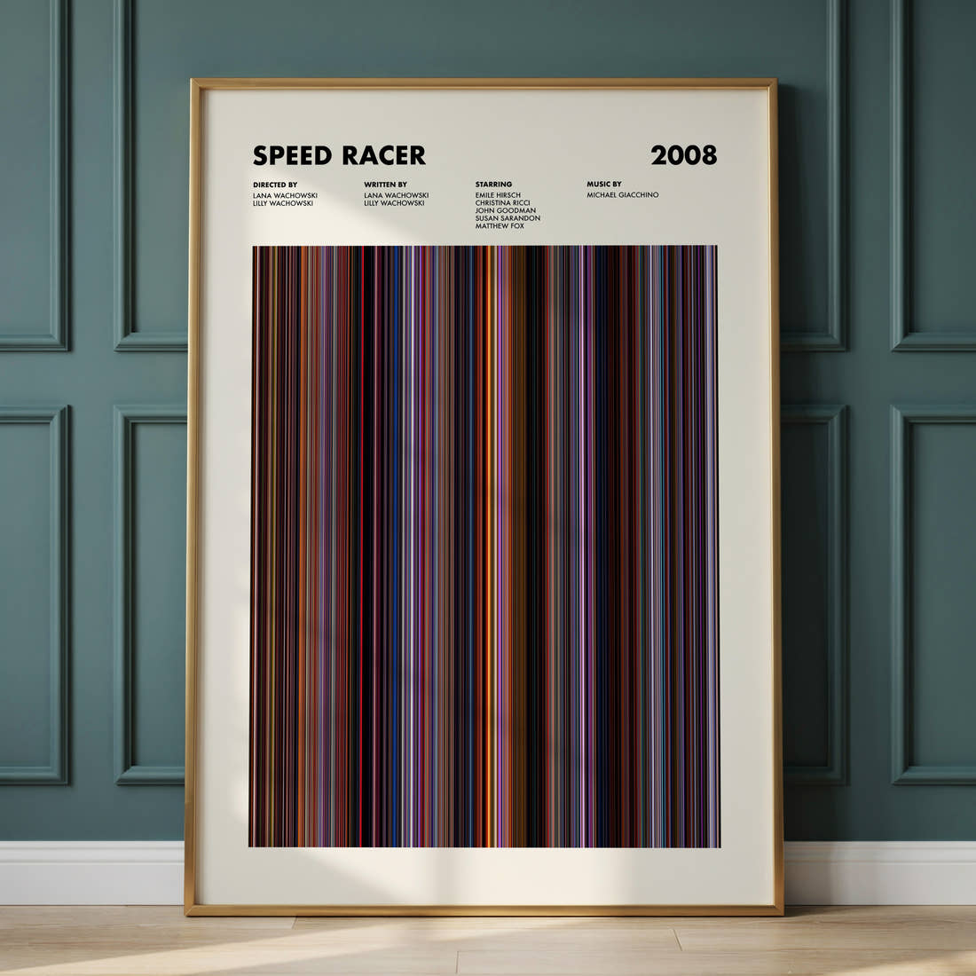 Speed Racer Movie Barcode Poster framed and leaning against a panelled wall