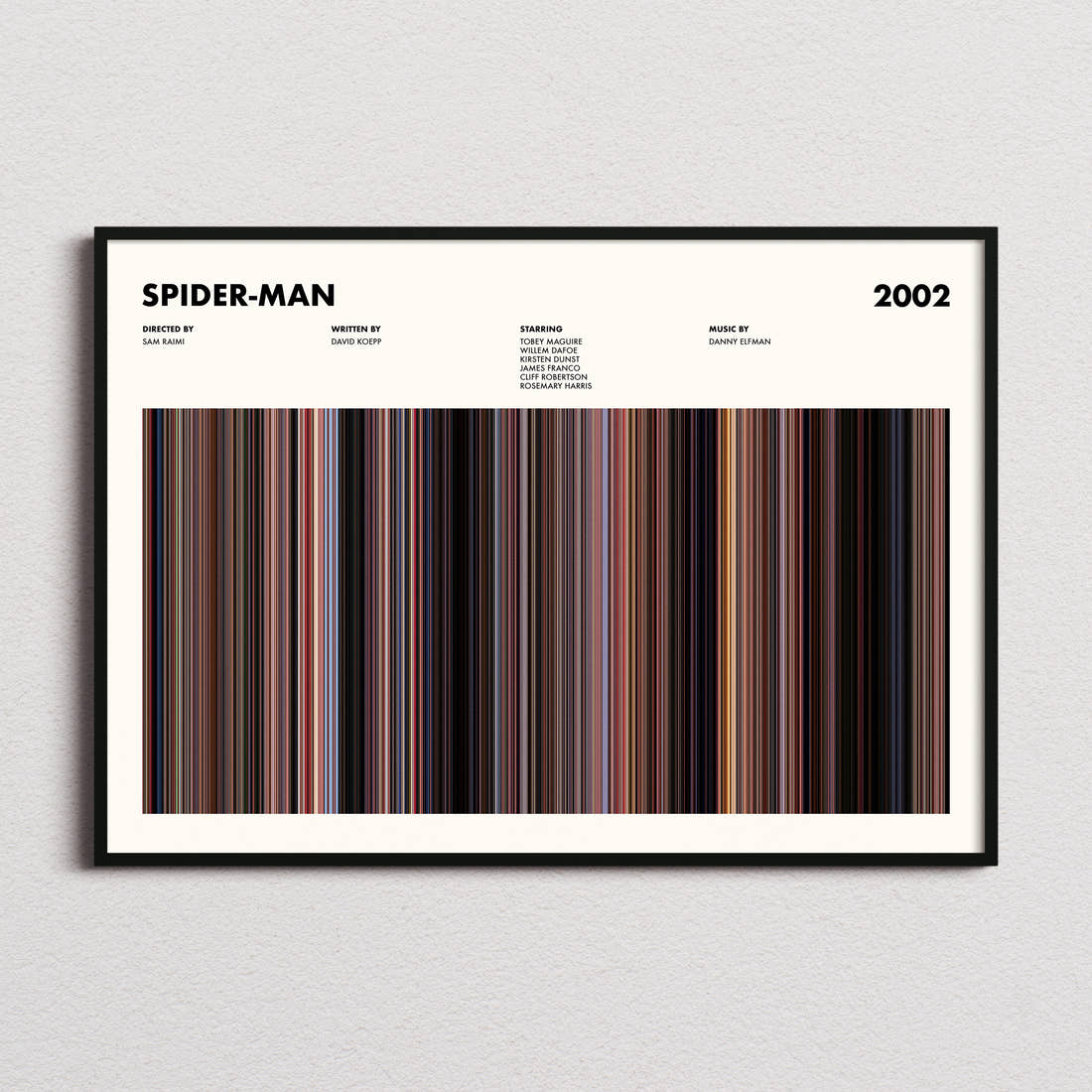 Spider-Man Movie Barcode Poster framed and photographed straight on