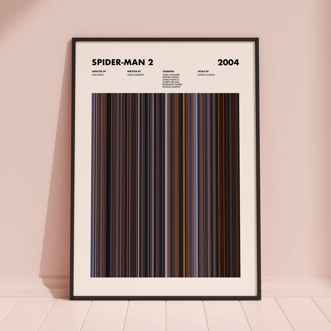 Spider-Man 2 Movie Barcode Poster framed and leaning against a coloured wall