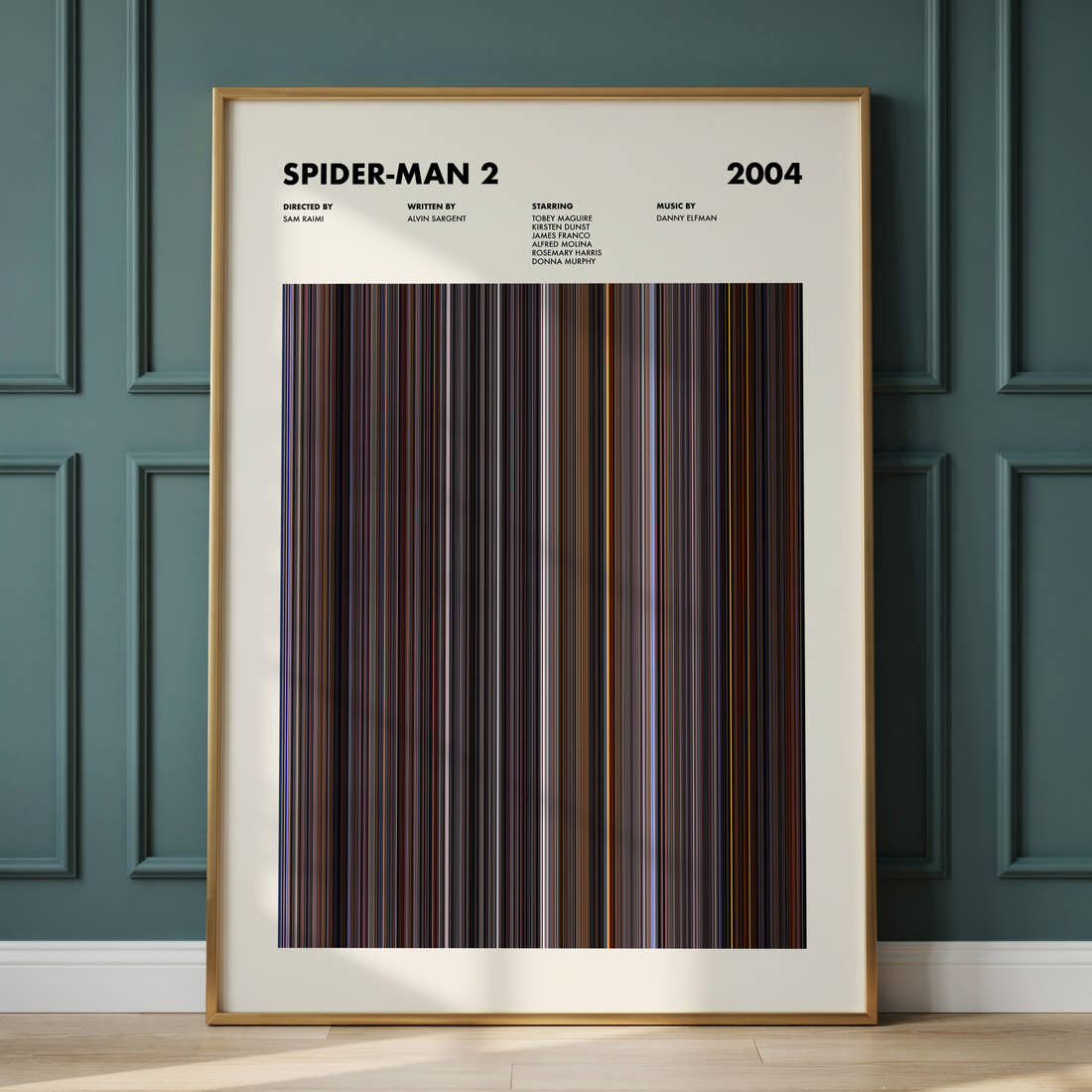 Spider-Man 2 Movie Barcode Poster framed and leaning against a panelled wall