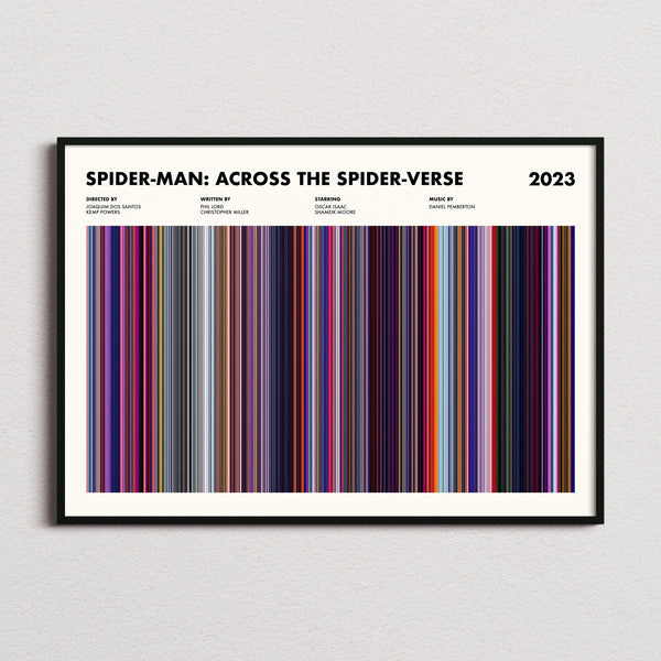 Spider-Man: Across the Spider-Verse Movie Barcode Poster framed and photographed straight on