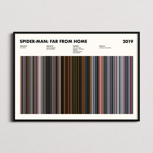 Spider-Man Far From Home Movie Barcode Poster framed and photographed straight on