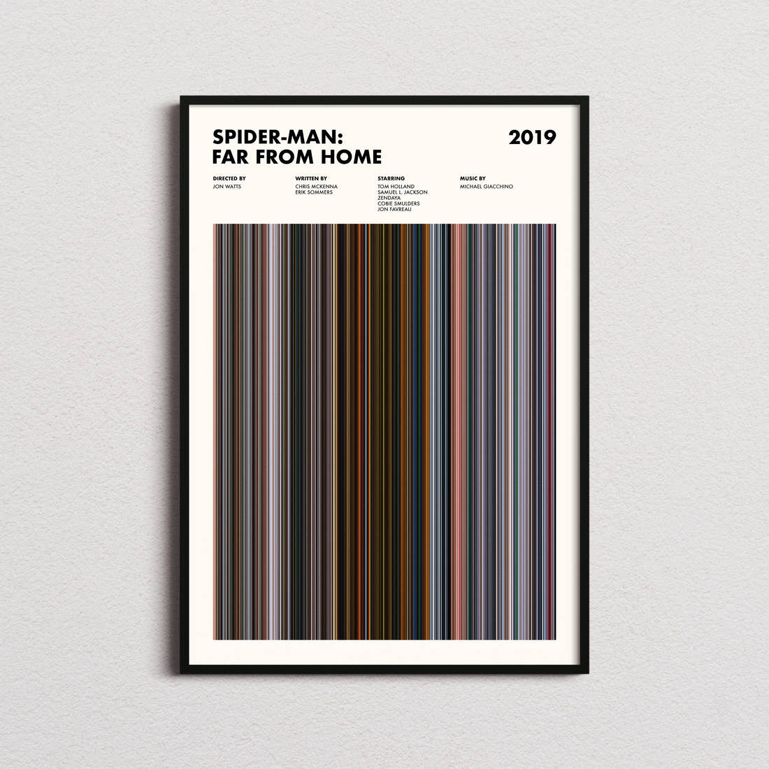 Spider-Man Far From Home Movie Barcode Poster framed on a plain studio wall