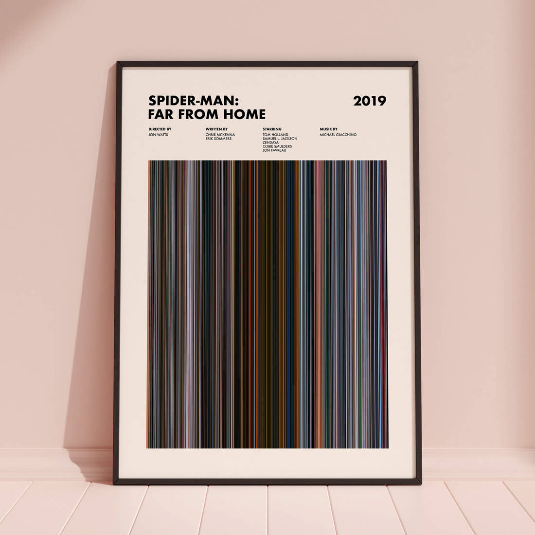Spider-Man Far From Home Movie Barcode Poster framed and leaning against a coloured wall