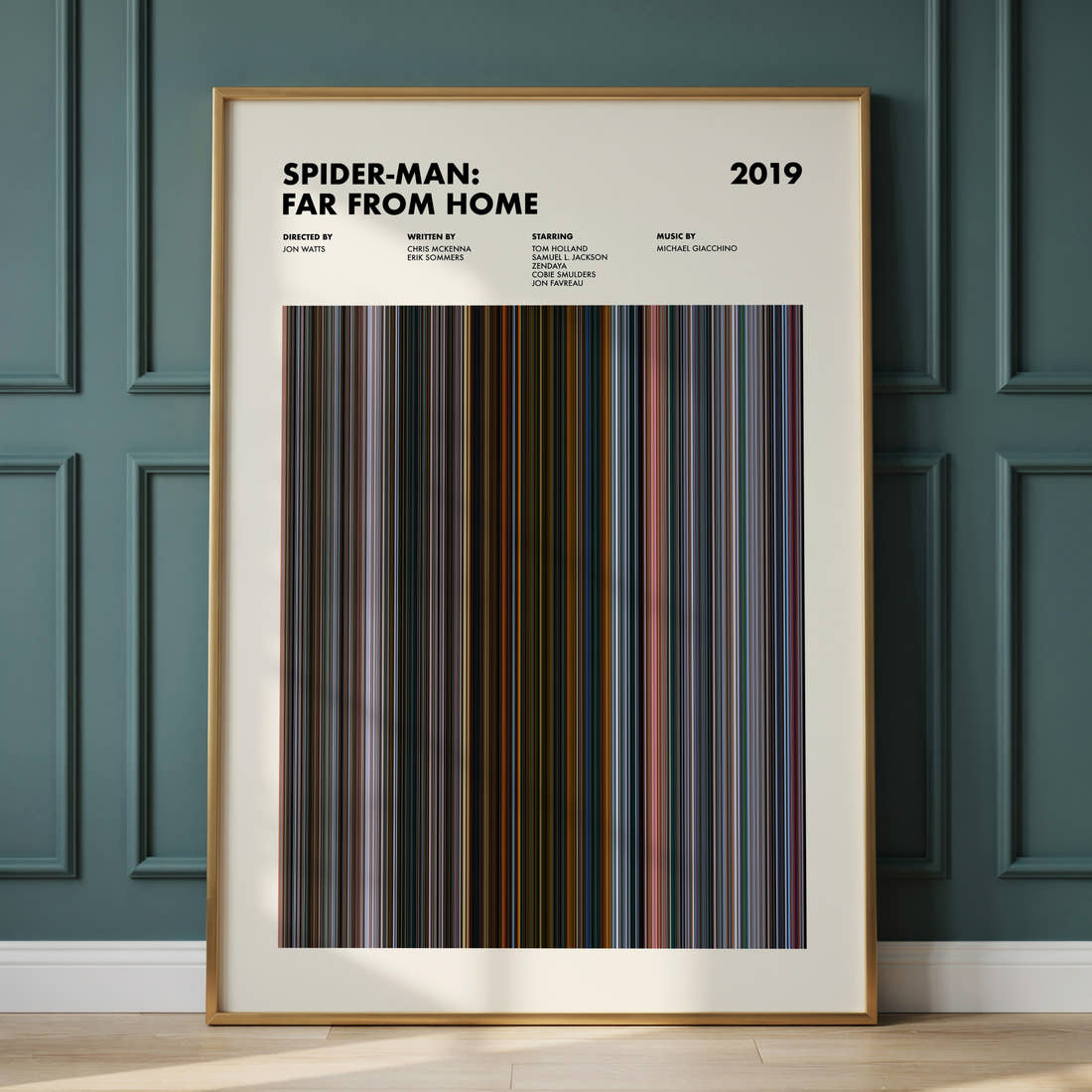 Spider-Man Far From Home Movie Barcode Poster framed and leaning against a panelled wall