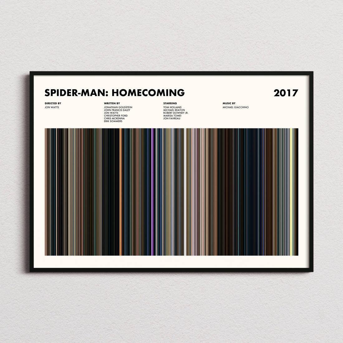 Spider-Man Homecoming Movie Barcode Poster framed and photographed straight on