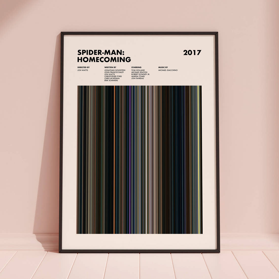 Spider-Man Homecoming Movie Barcode Poster framed and leaning against a coloured wall