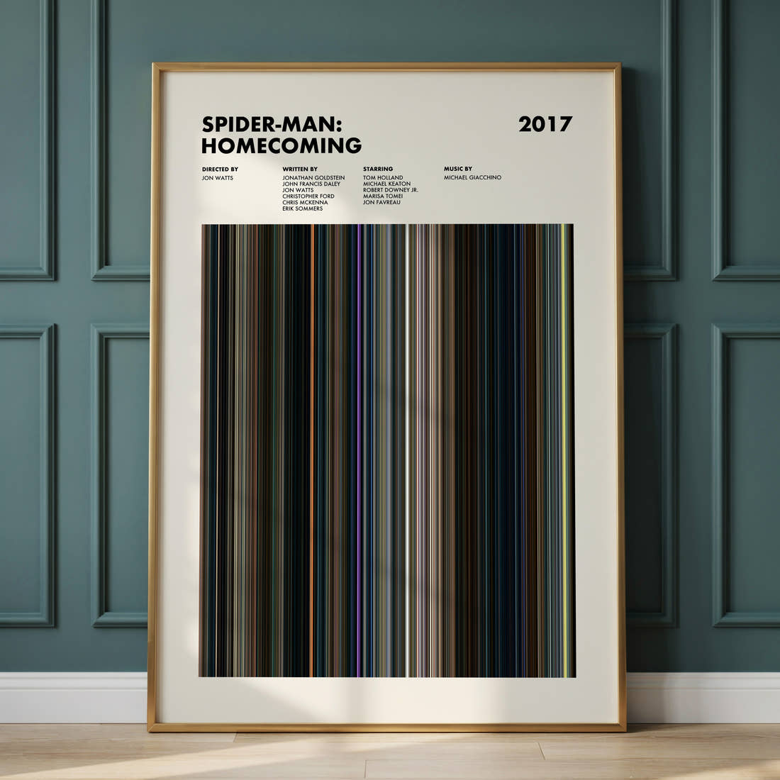 Spider-Man Homecoming Movie Barcode Poster framed and leaning against a panelled wall