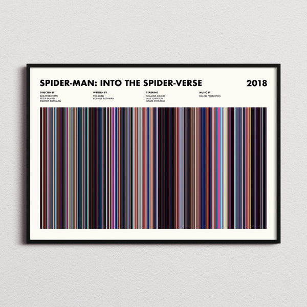 Spider-Man: Into the Spider-Verse Movie Barcode Poster framed and photographed straight on