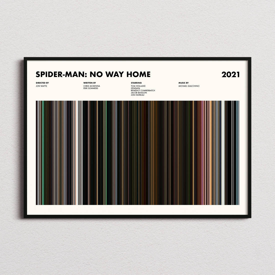 Spider-Man: No Way Home Movie Barcode Poster framed and photographed straight on