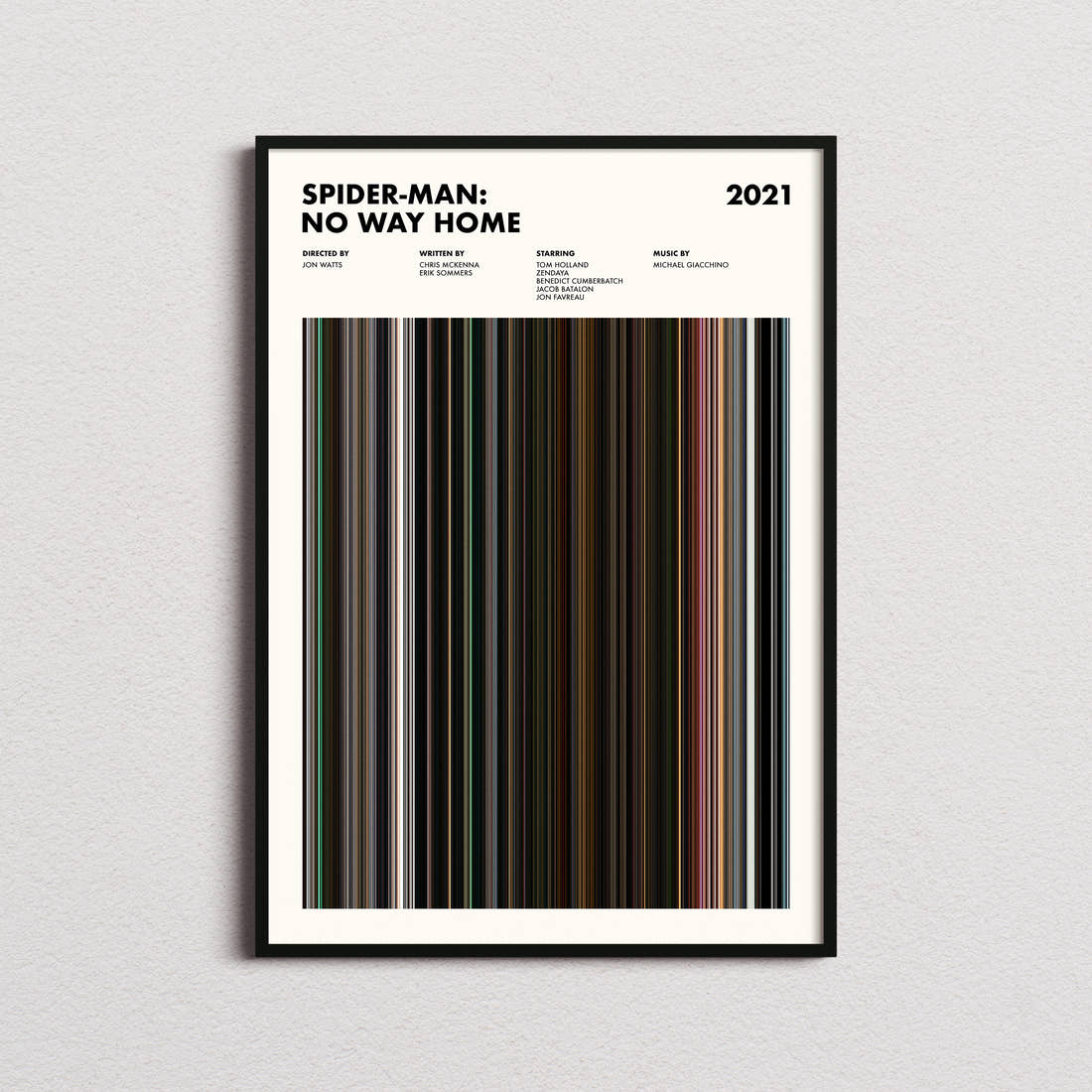 Spider-Man: No Way Home Movie Barcode Poster framed on a plain studio wall