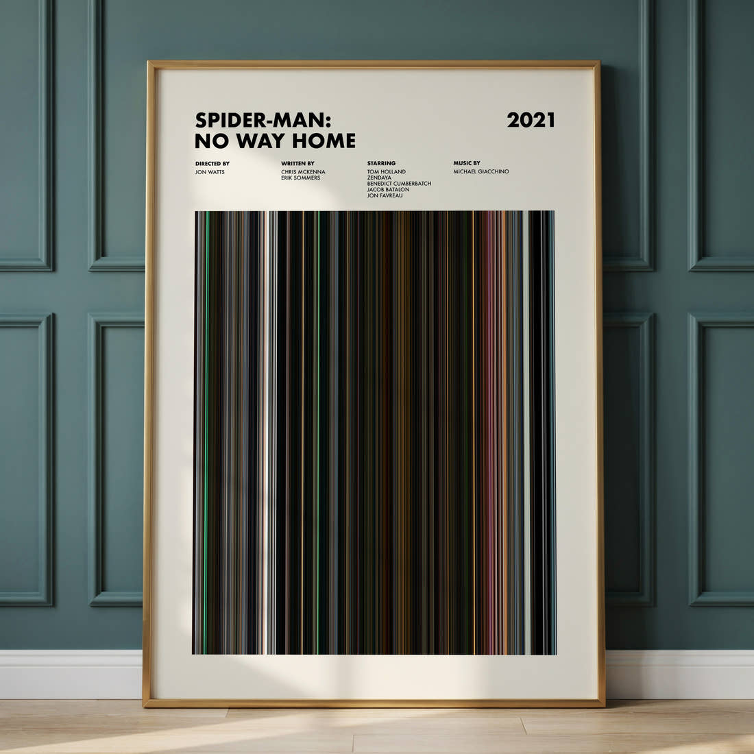 Spider-Man: No Way Home Movie Barcode Poster framed and leaning against a panelled wall