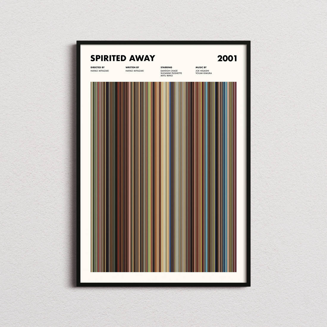 Spirited Away Movie Barcode Poster framed on a plain studio wall
