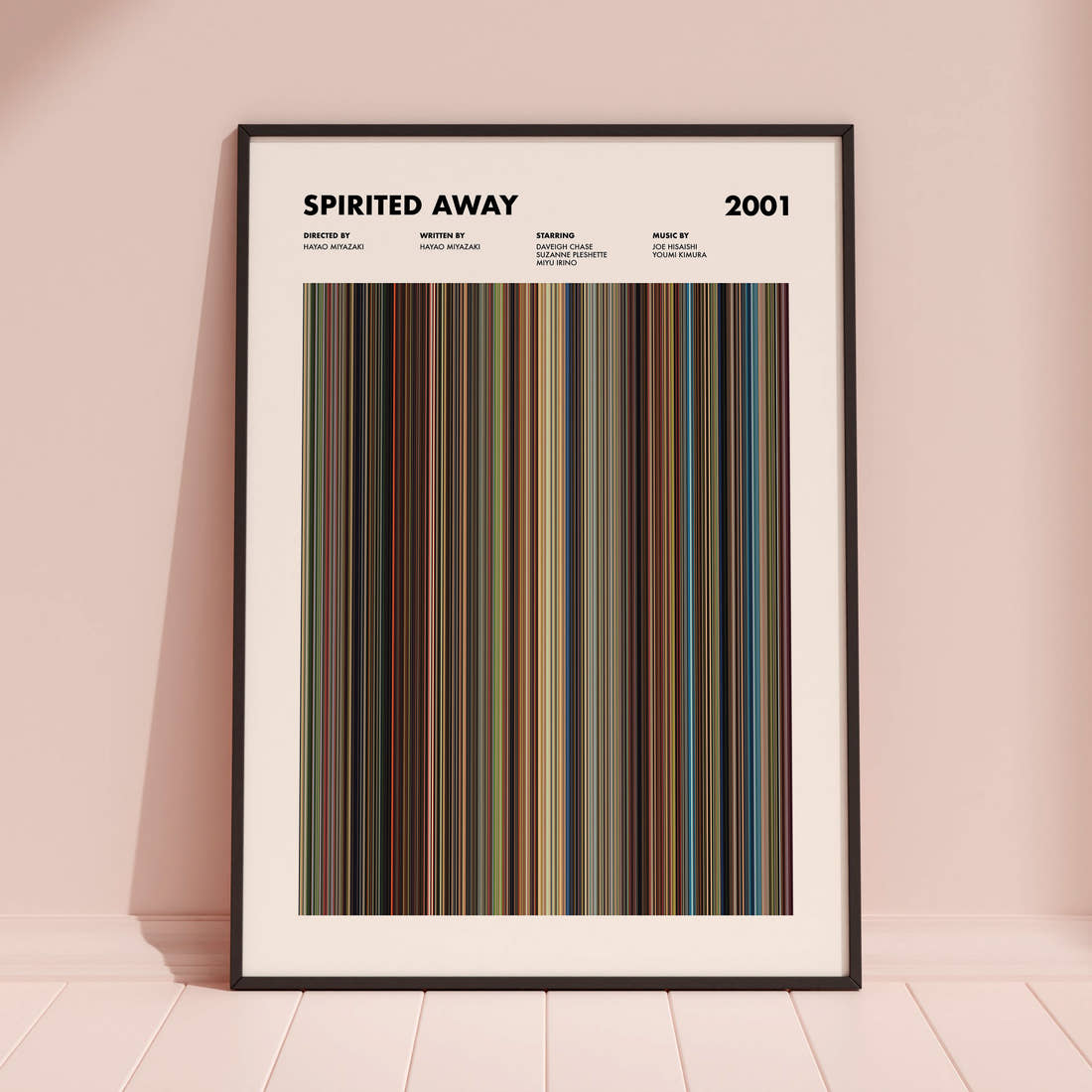 Spirited Away Movie Barcode Poster framed and leaning against a coloured wall