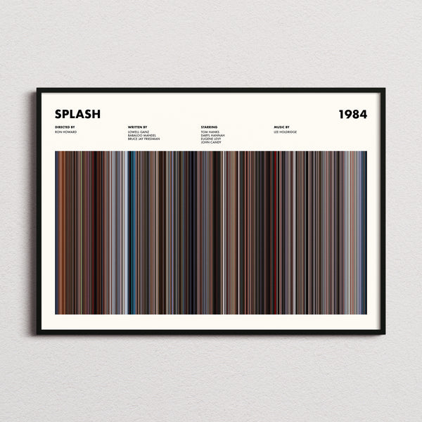 Splash Movie Barcode Poster framed and photographed straight on