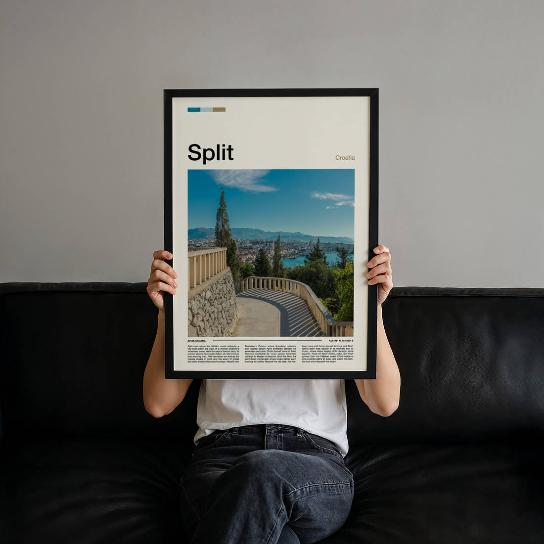 Split Marjan Hill Viewpoint Travel Print held up by hand to show the size of the print