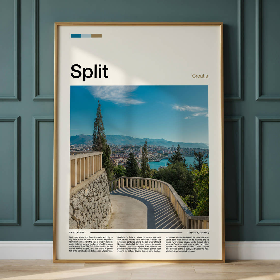 Split Marjan Hill Viewpoint Travel Print framed on the wall of a calm, neutral bedroom
