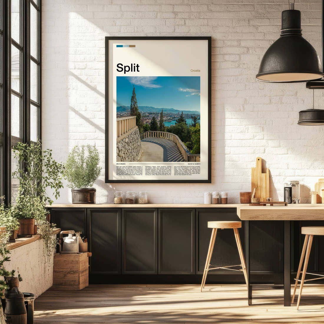 Split Marjan Hill Viewpoint Travel Print framed on the wall of a bright kitchen and dining space