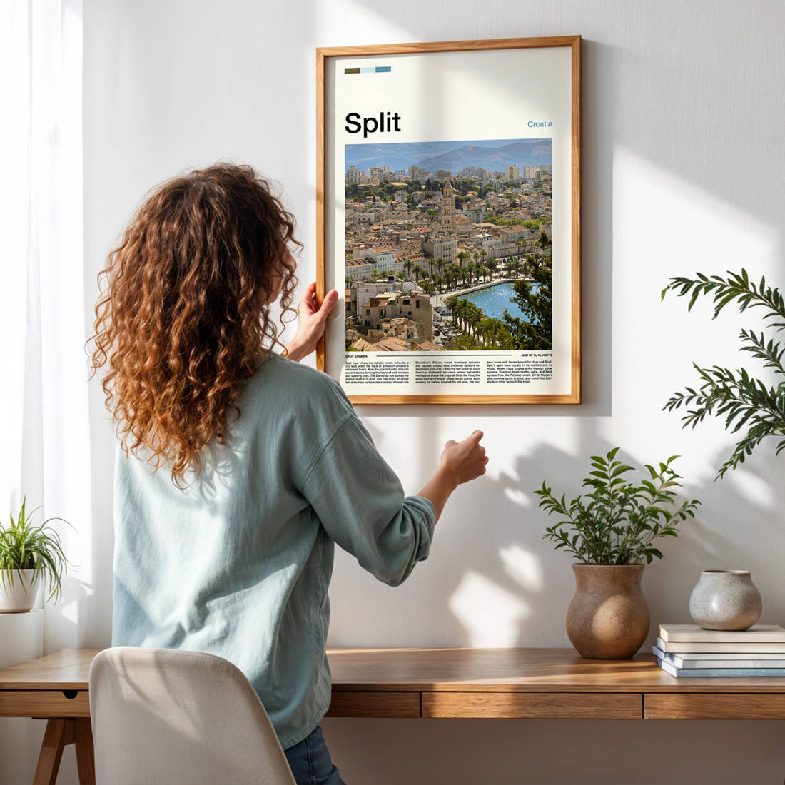 Split Cathedral Bell Tower View Travel Print framed on a pale wall beside houseplants