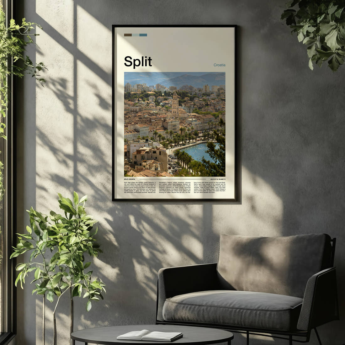 Split Cathedral Bell Tower View Travel Print framed on the wall of a relaxed living room