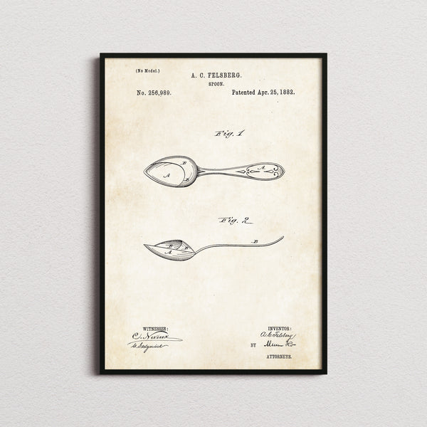 Spoon Patent Print in the aged paper colourway, framed