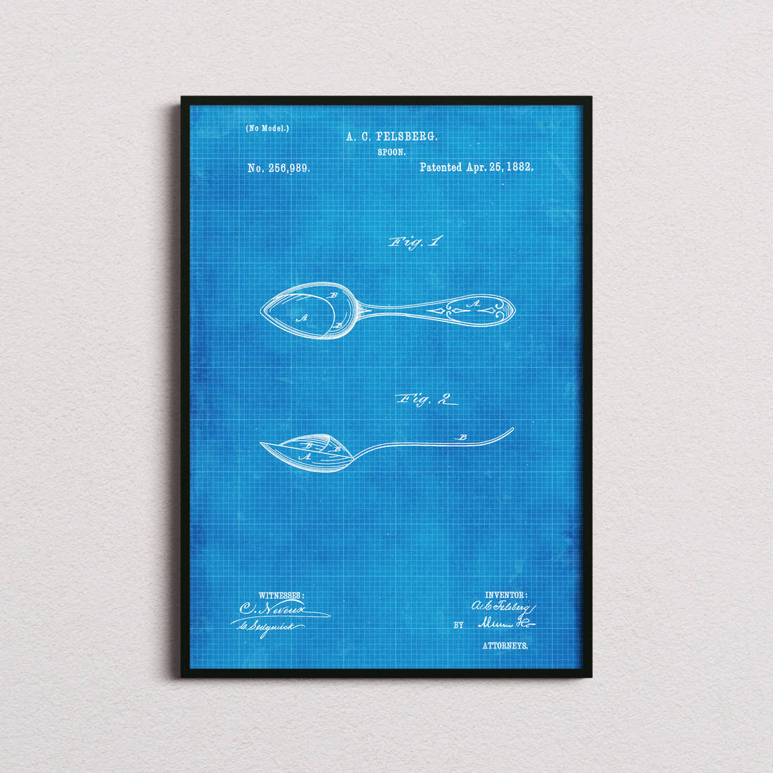 Spoon Patent Print in the blueprint colourway, framed