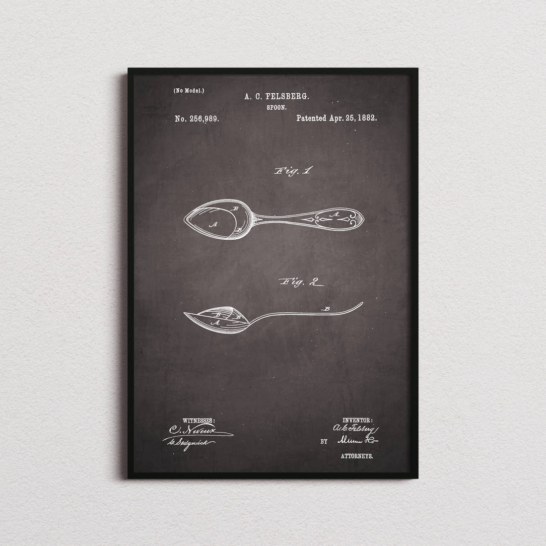 Spoon Patent Print in the blackboard colourway, framed