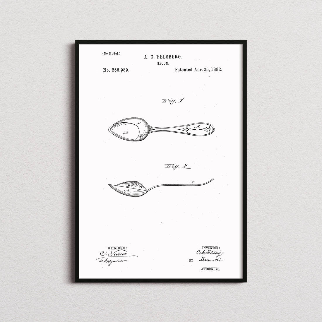 Spoon Patent Print in the white colourway, framed