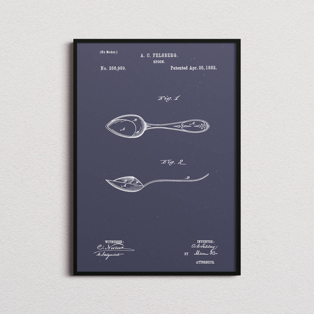 Spoon Patent Print in the navy colourway, framed