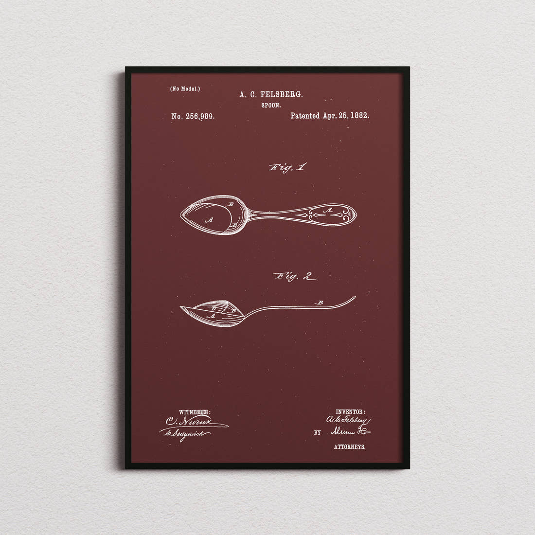 Spoon Patent Print in the burgundy colourway, framed