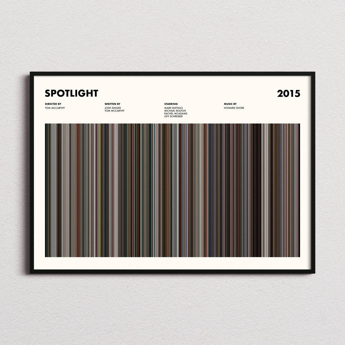 Spotlight Movie Barcode Poster framed and photographed straight on