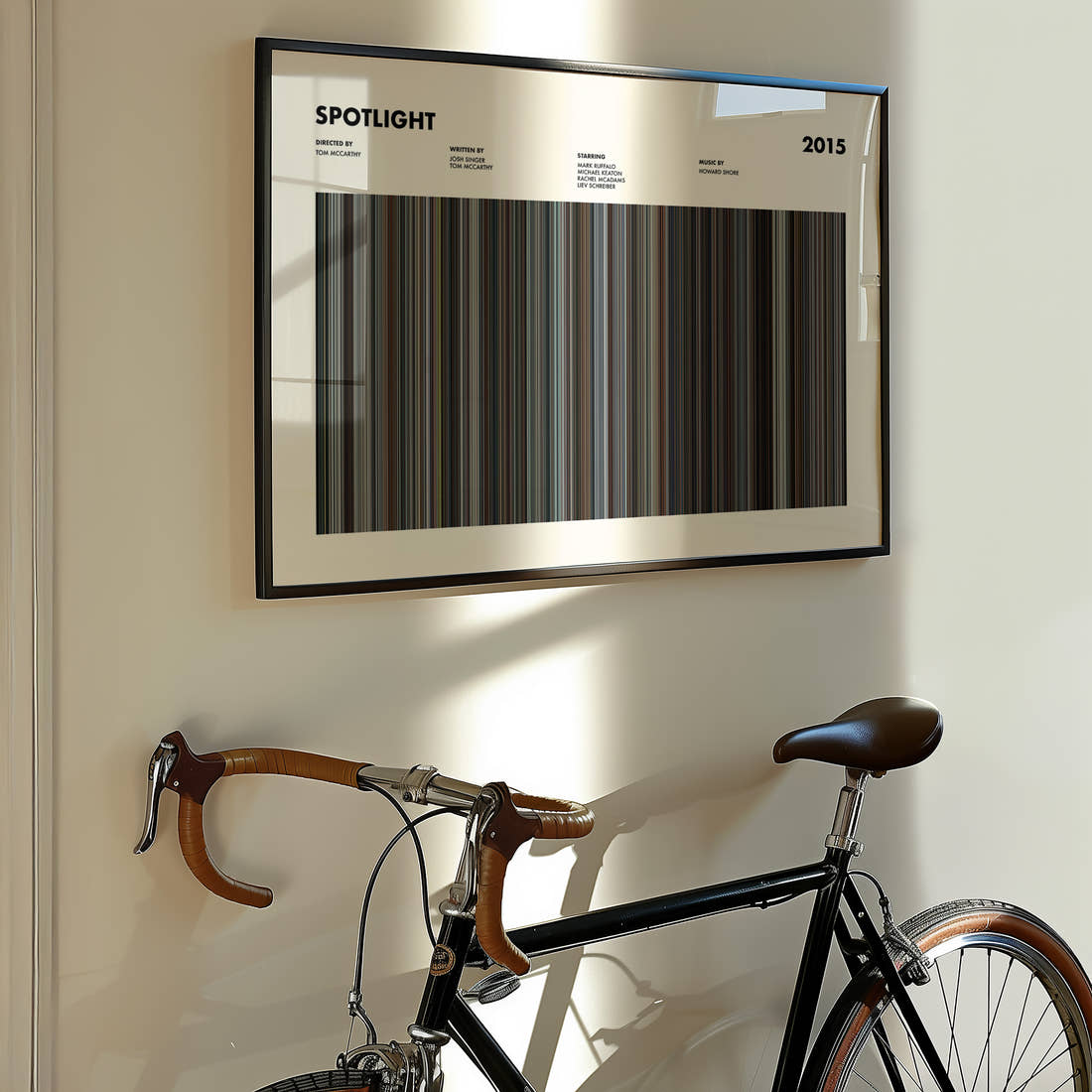 Spotlight Movie Barcode Poster framed on the wall of a styled room setting