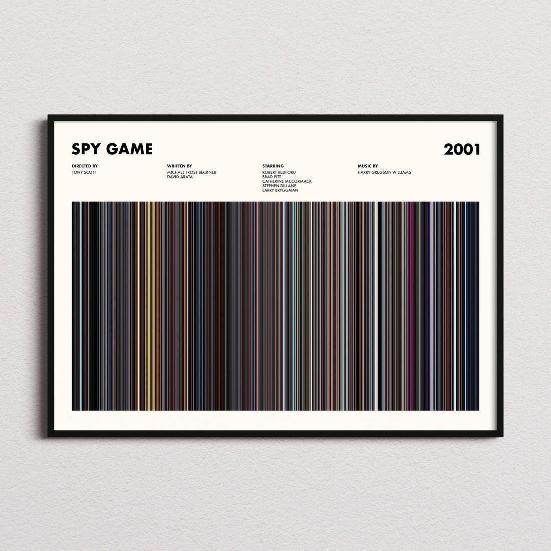 Spy Game Movie Barcode Poster framed and photographed straight on