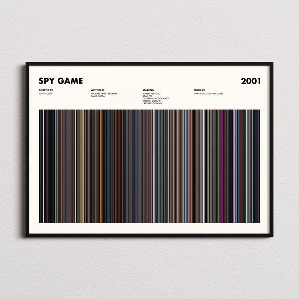 Spy Game Movie Barcode Poster framed and photographed straight on