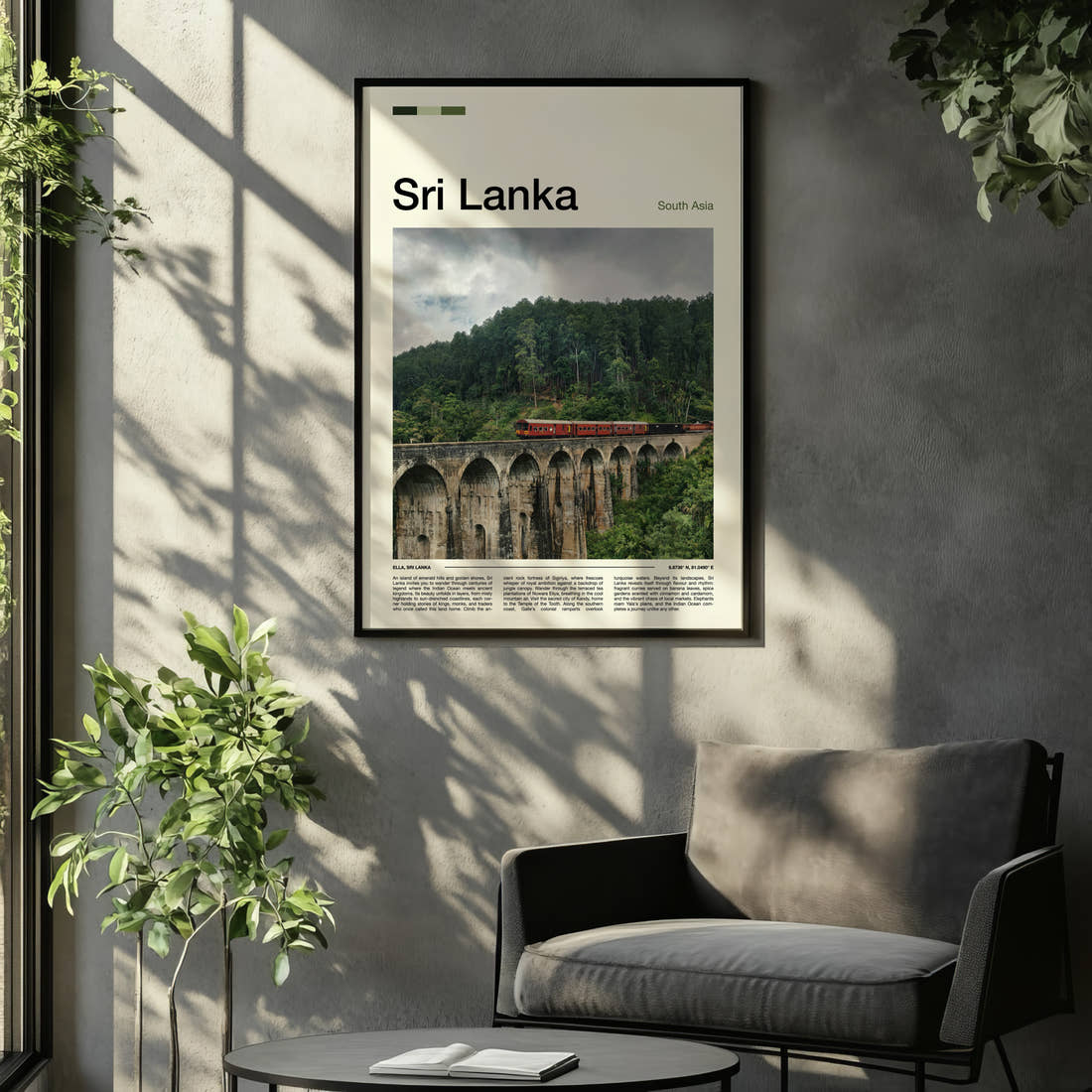 Sri Lanka Nine Arches Bridge Travel Print framed on the wall of a relaxed living room