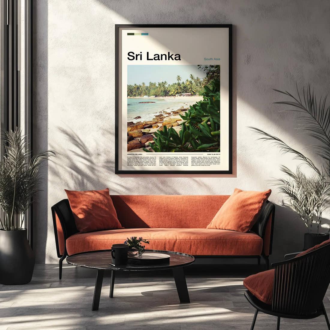 Sri Lanka Palm-Fringed Beach Travel Print framed on the wall of a modern living room
