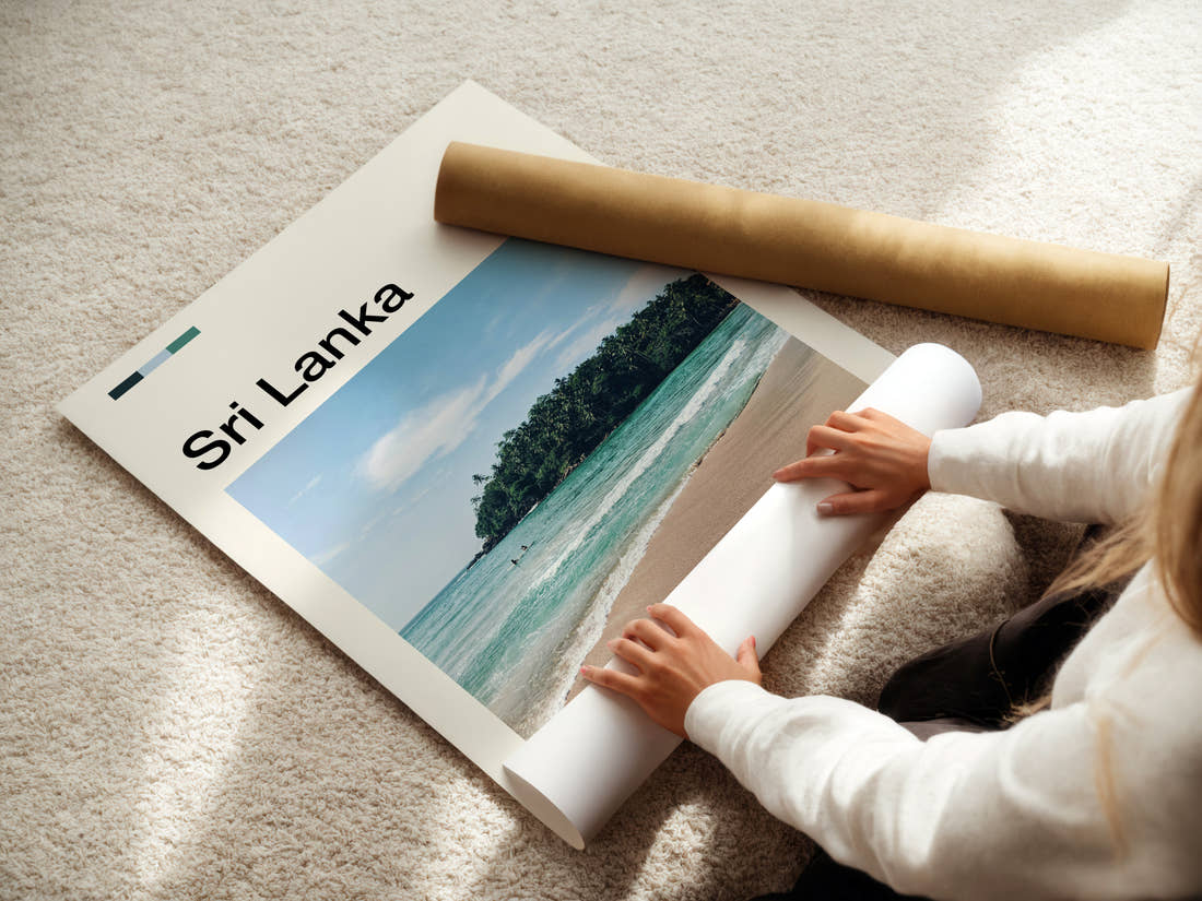 Sri Lanka Jungle Cove Shoreline Travel Print being unrolled from its postal tube